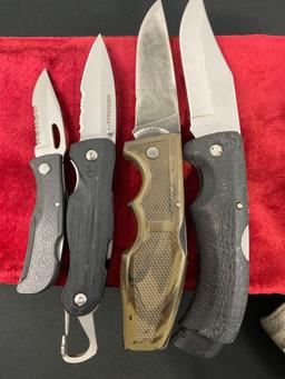 4x Folding Pocket Knives, Leatherman C33X, Trio of Gerber models 425, 850, & 900