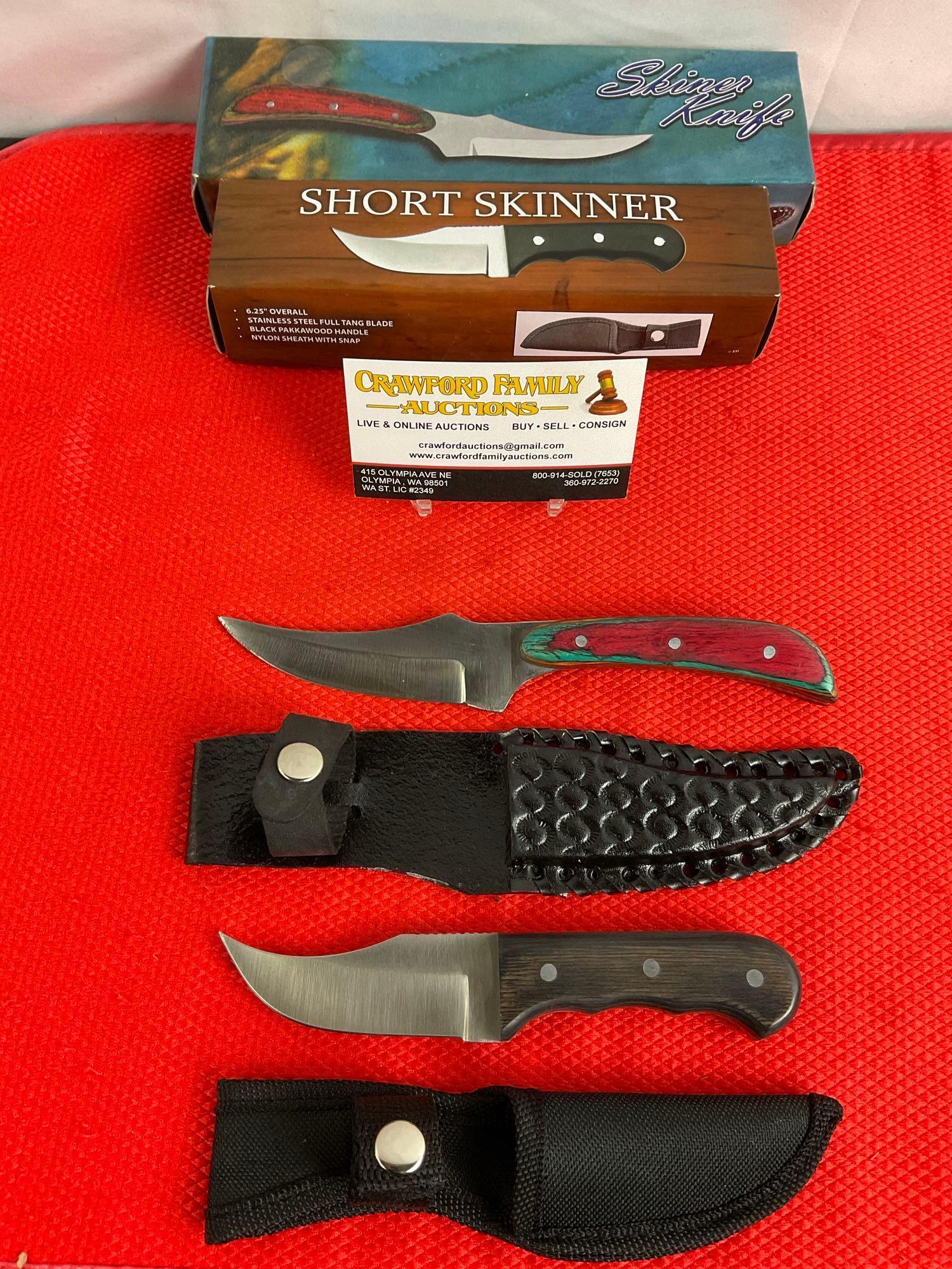 2 pcs Steel Fixed Blade Skinner Knives w/ Wooden Handles, Models 203240-MC & 211187. See pics.