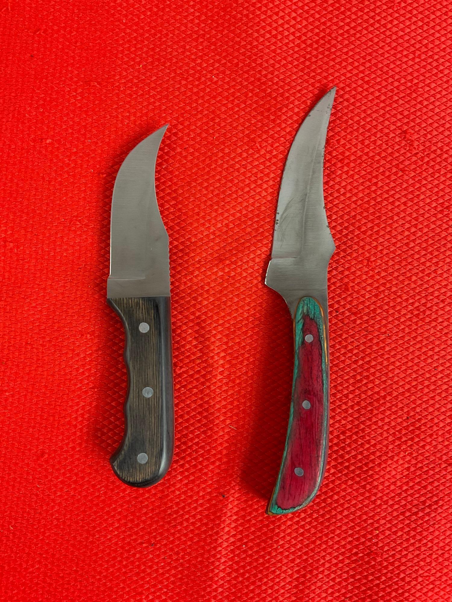 2 pcs Steel Fixed Blade Skinner Knives w/ Wooden Handles, Models 203240-MC & 211187. See pics.