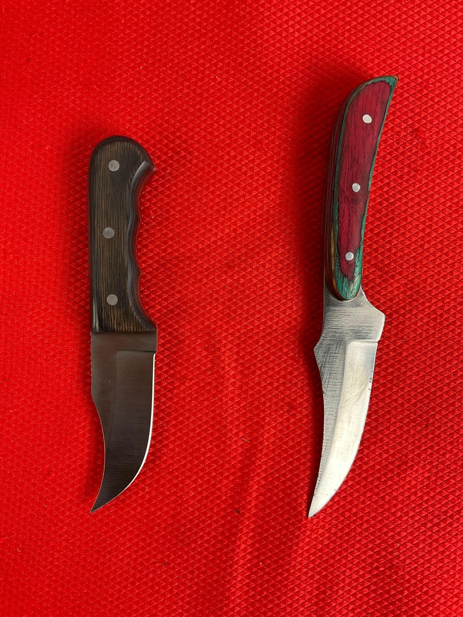 2 pcs Steel Fixed Blade Skinner Knives w/ Wooden Handles, Models 203240-MC & 211187. See pics.