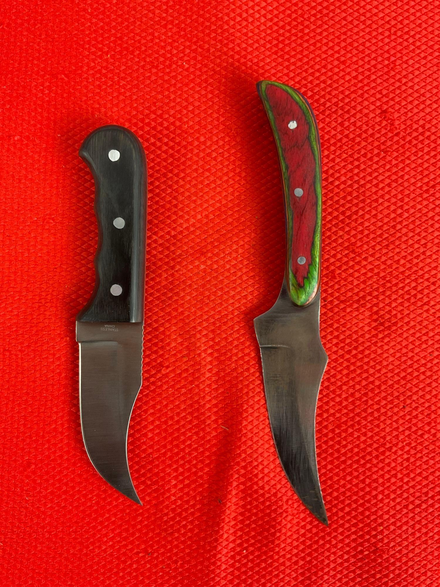 2 pcs Steel Fixed Blade Skinner Knives w/ Wooden Handles, Models 203240-MC & 211187. See pics.