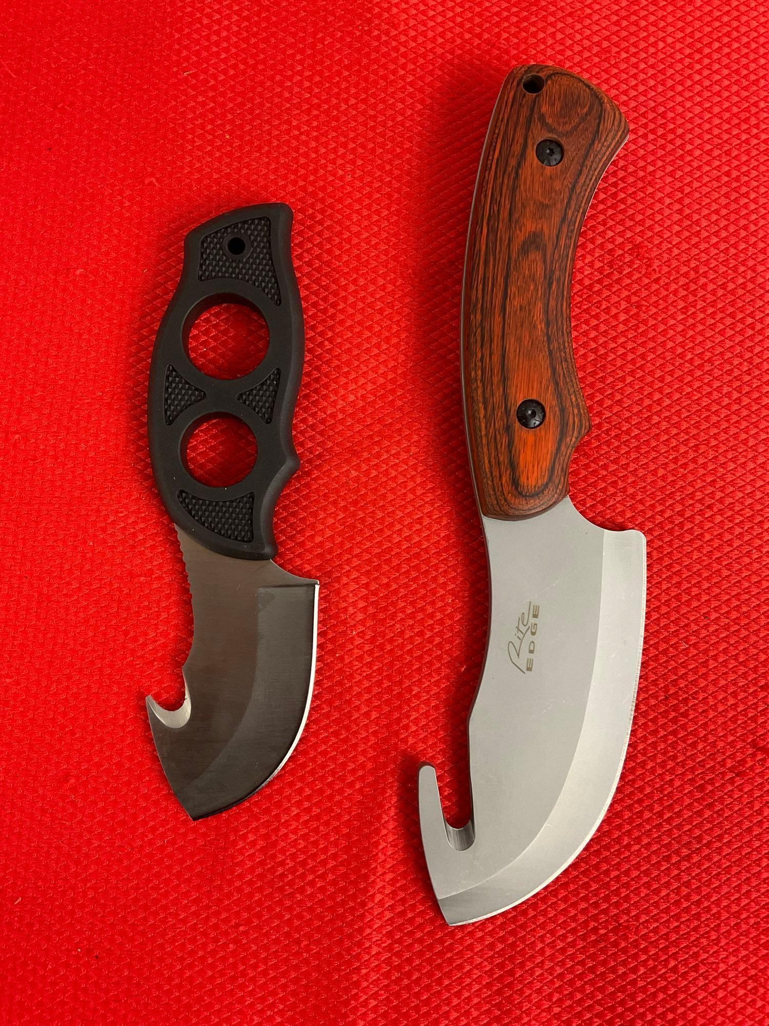 2 pcs Rite Edge Steel Fixed Blade Skinner Knives w/ Guthook Models 210894 & 211184. NIB. See pics.