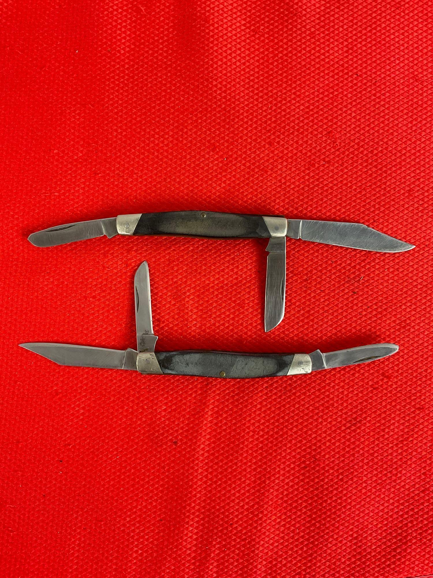 2 pcs Vintage Buck 3" Steel Folding 3-Blade Stockman Pocket Knife Model 301 w/ Delrine Handles. See