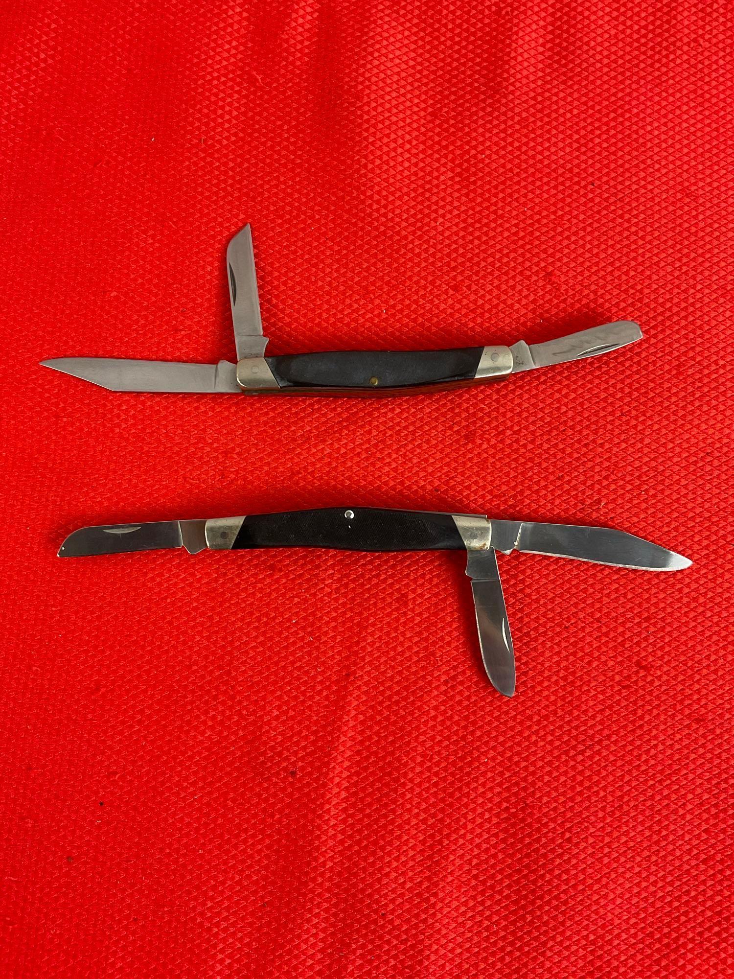 2 pcs Vintage Buck 3" Steel Folding 3-Blade Stockman Pocket Knife Model 301 w/ Delrine Handles. As