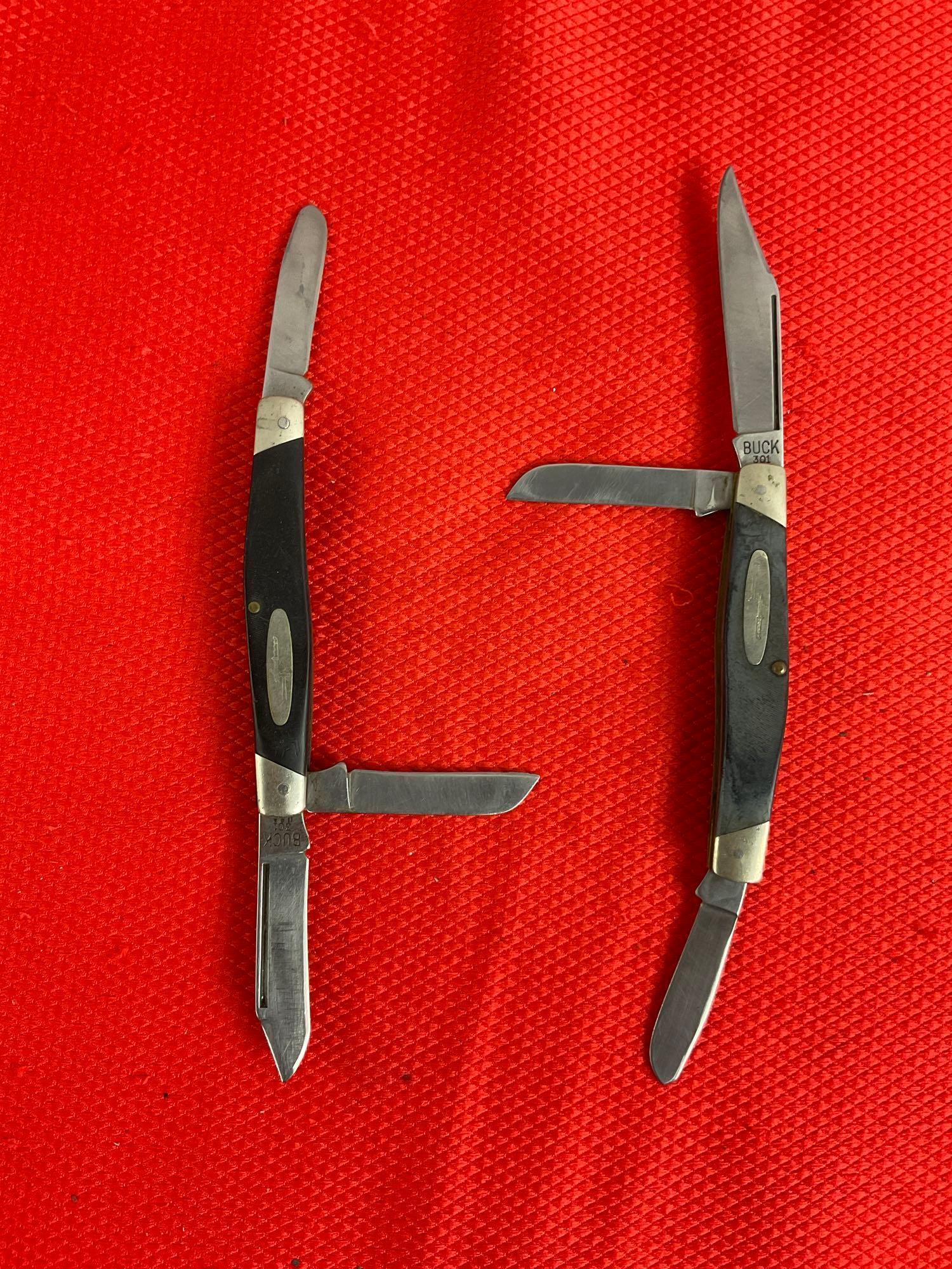 2 pcs Vintage Buck 3" Steel Folding 3-Blade Stockman Pocket Knife Model 301 w/ Delrine Handles. See