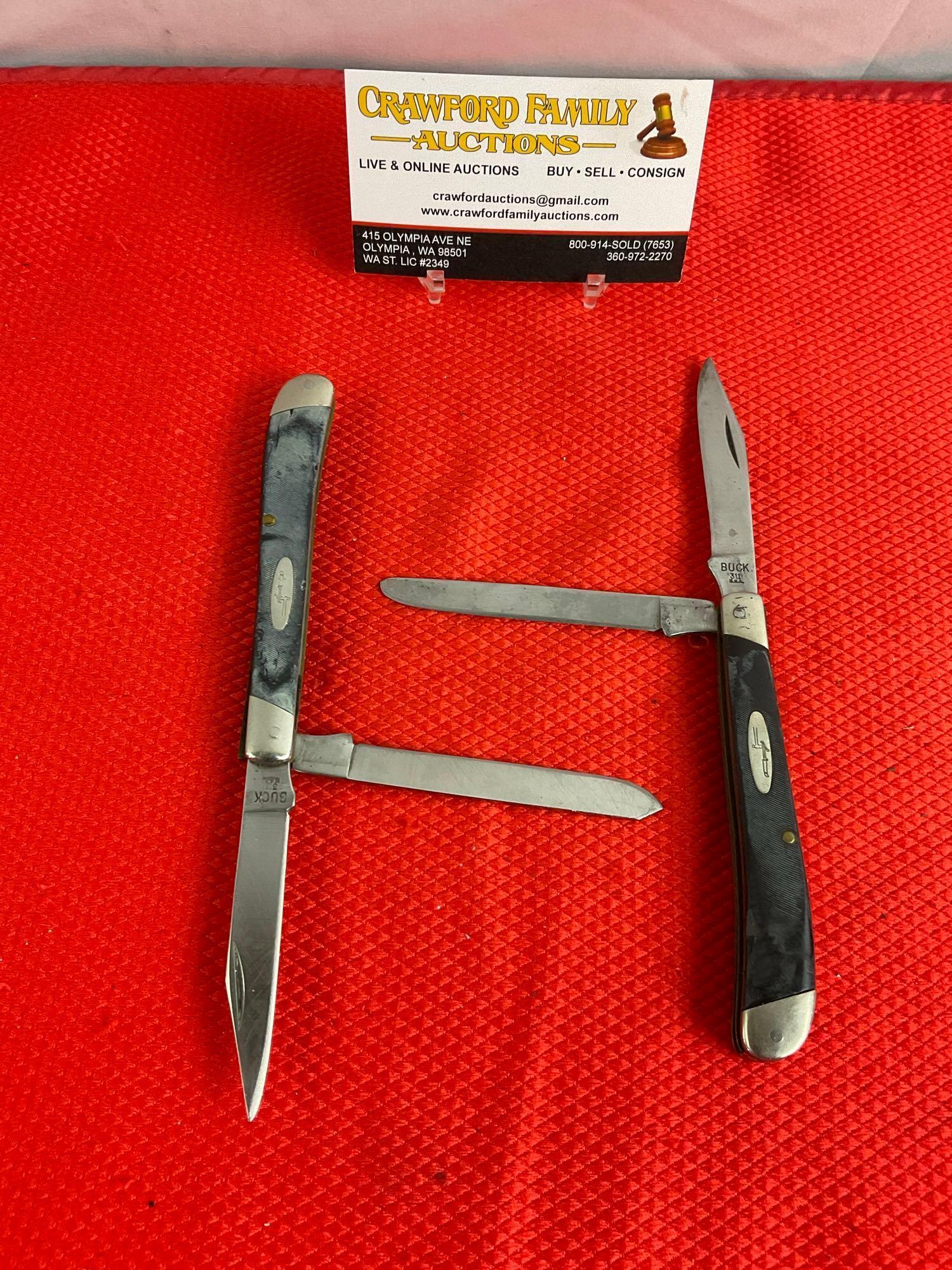 2 pcs Vintage Buck 3" Steel Folding 2-Blade Produce Fruit Pocket Knife Model 311 w/ Delrine Handl...