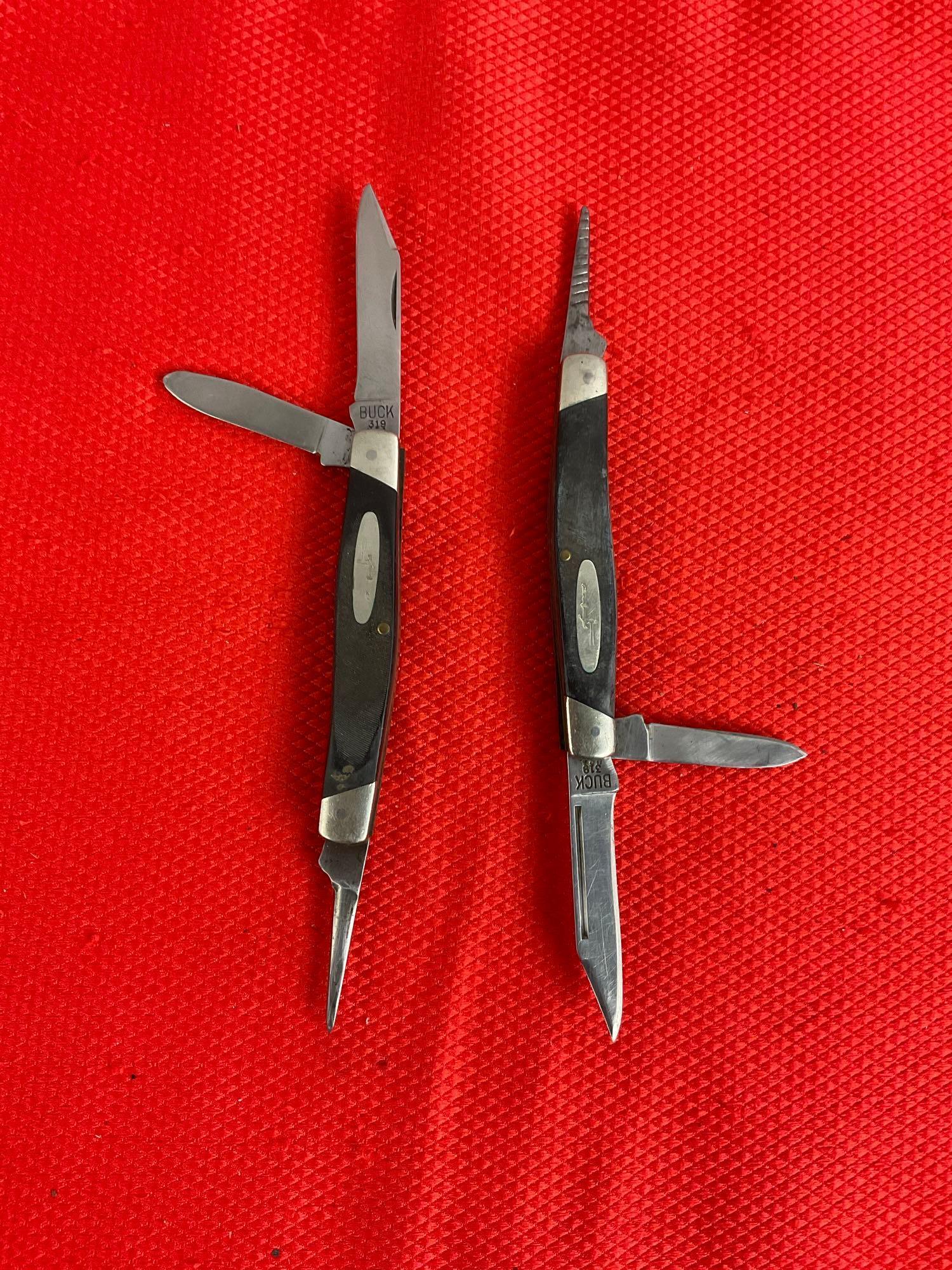 2 pcs Vintage Buck 2.5" Steel Folding 3-Blade Stockman Pocket Knife Model 319 w/ Delrine Handles.