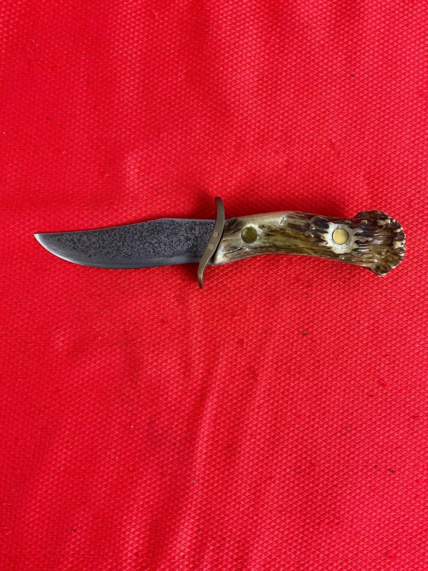 4" Steel Fixed Blade Hunting Knife w/ Antler Handle & Sheath. Unknown Brand, Winchester? See pics.