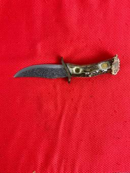 4" Steel Fixed Blade Hunting Knife w/ Antler Handle & Sheath. Unknown Brand, Winchester? See pics.