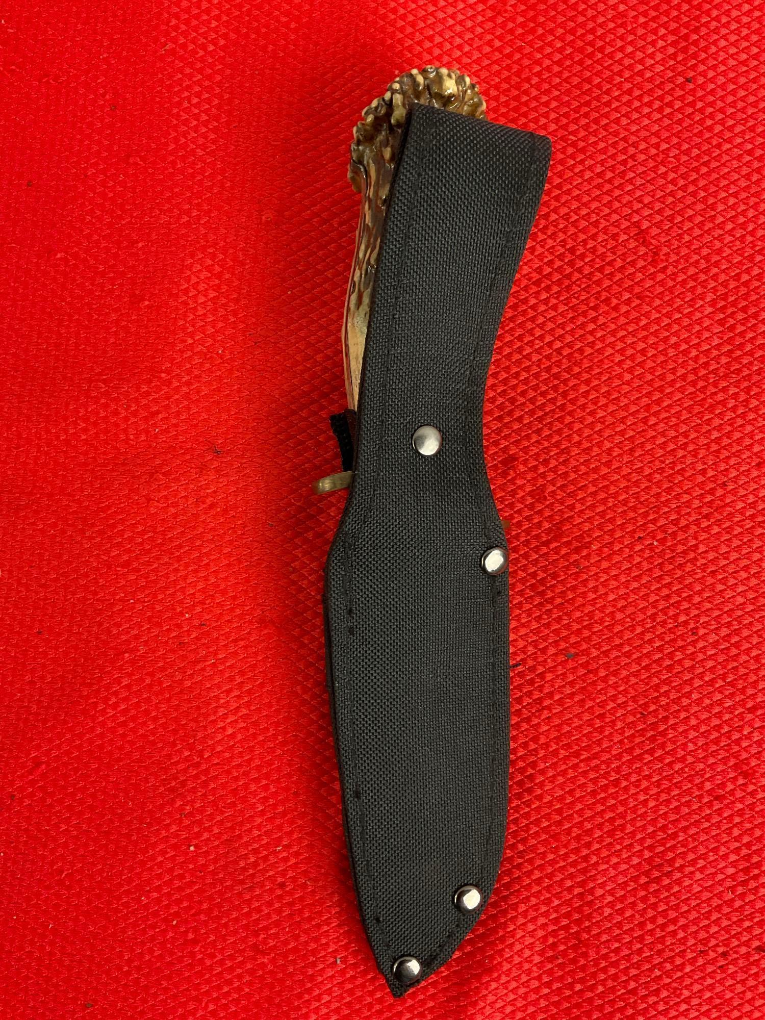 4" Steel Fixed Blade Hunting Knife w/ Antler Handle & Sheath. Unknown Brand, Winchester? See pics.