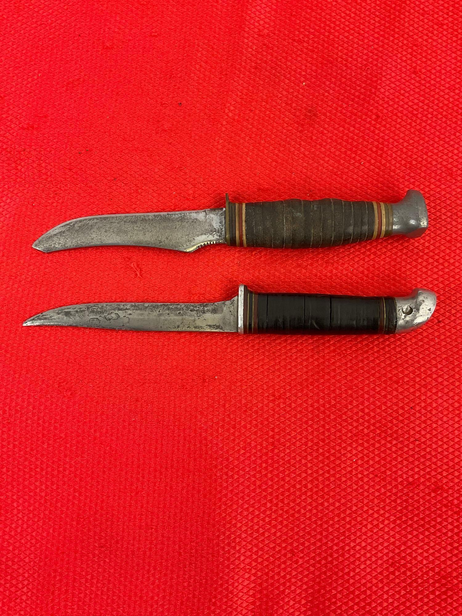 2 pcs Vintage Steel Fixed Blade Knives, 1 Kabar Model No 1233 & 1 Unnumbered Kinfolks. See pics.