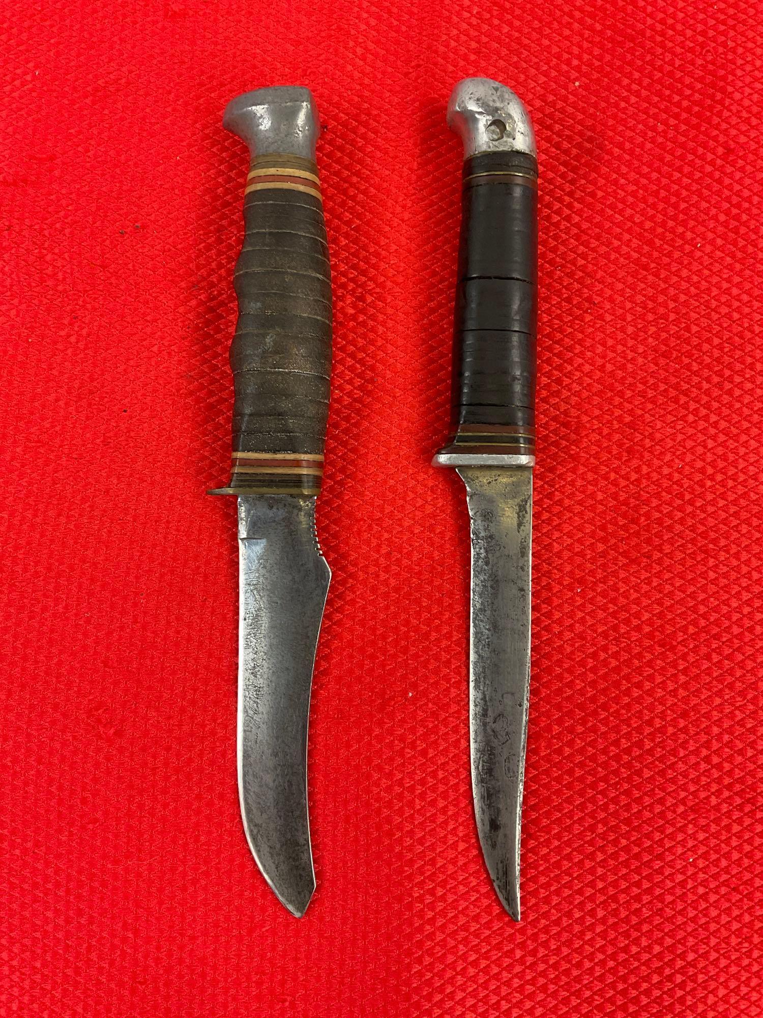 2 pcs Vintage Steel Fixed Blade Knives, 1 Kabar Model No 1233 & 1 Unnumbered Kinfolks. See pics.