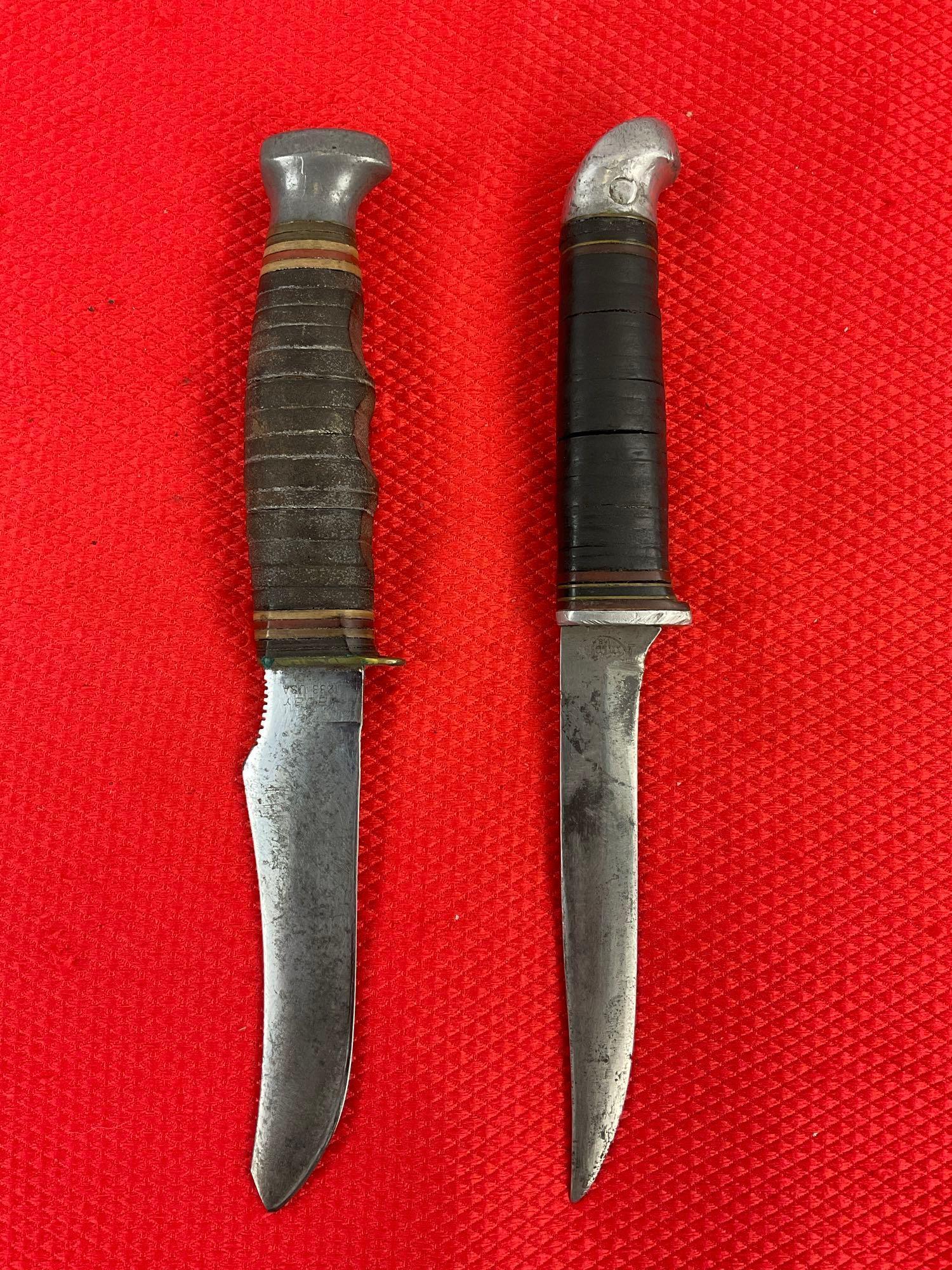 2 pcs Vintage Steel Fixed Blade Knives, 1 Kabar Model No 1233 & 1 Unnumbered Kinfolks. See pics.