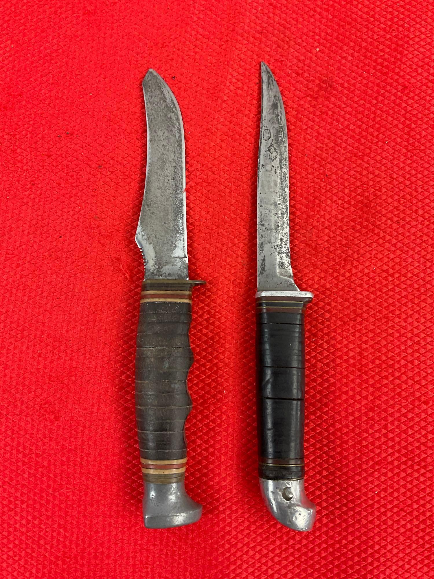 2 pcs Vintage Steel Fixed Blade Knives, 1 Kabar Model No 1233 & 1 Unnumbered Kinfolks. See pics.