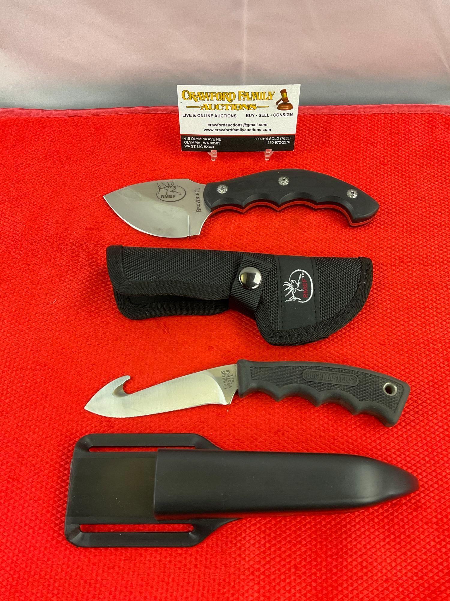 2 pcs Steel Fixed Blade Skinning Knives w/ Sheathes. Camillus Buckmaster & Browning 0024. See pics.