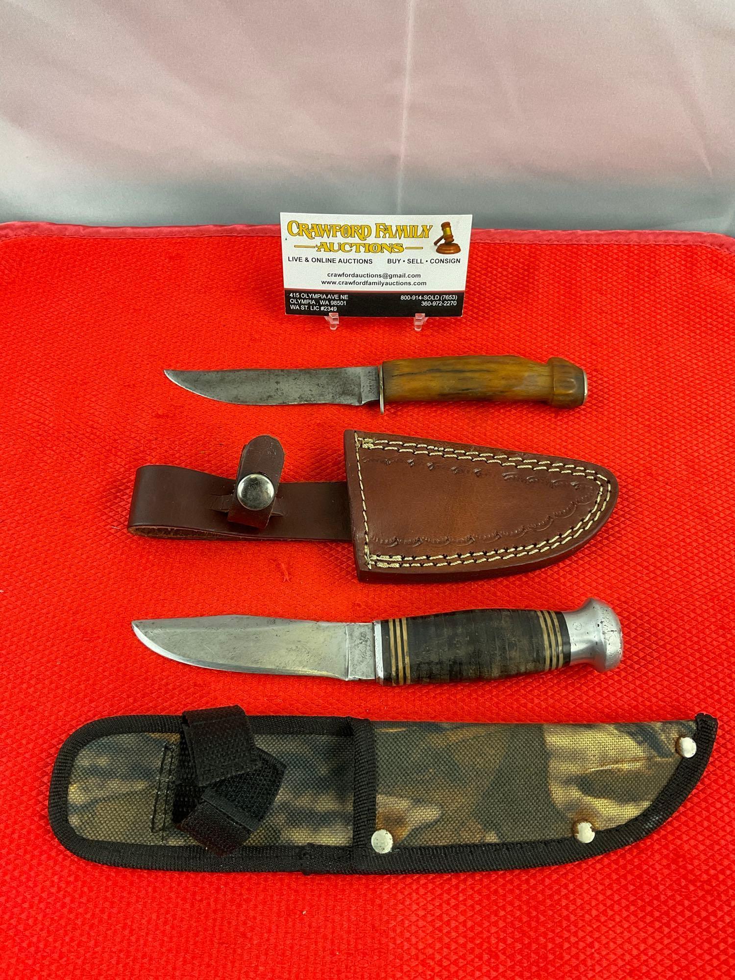 2 pcs Vintage Steel Fixed Blade Hunting Knives w/ Sheathes. Remington RH73 & Kinfolks K380. See