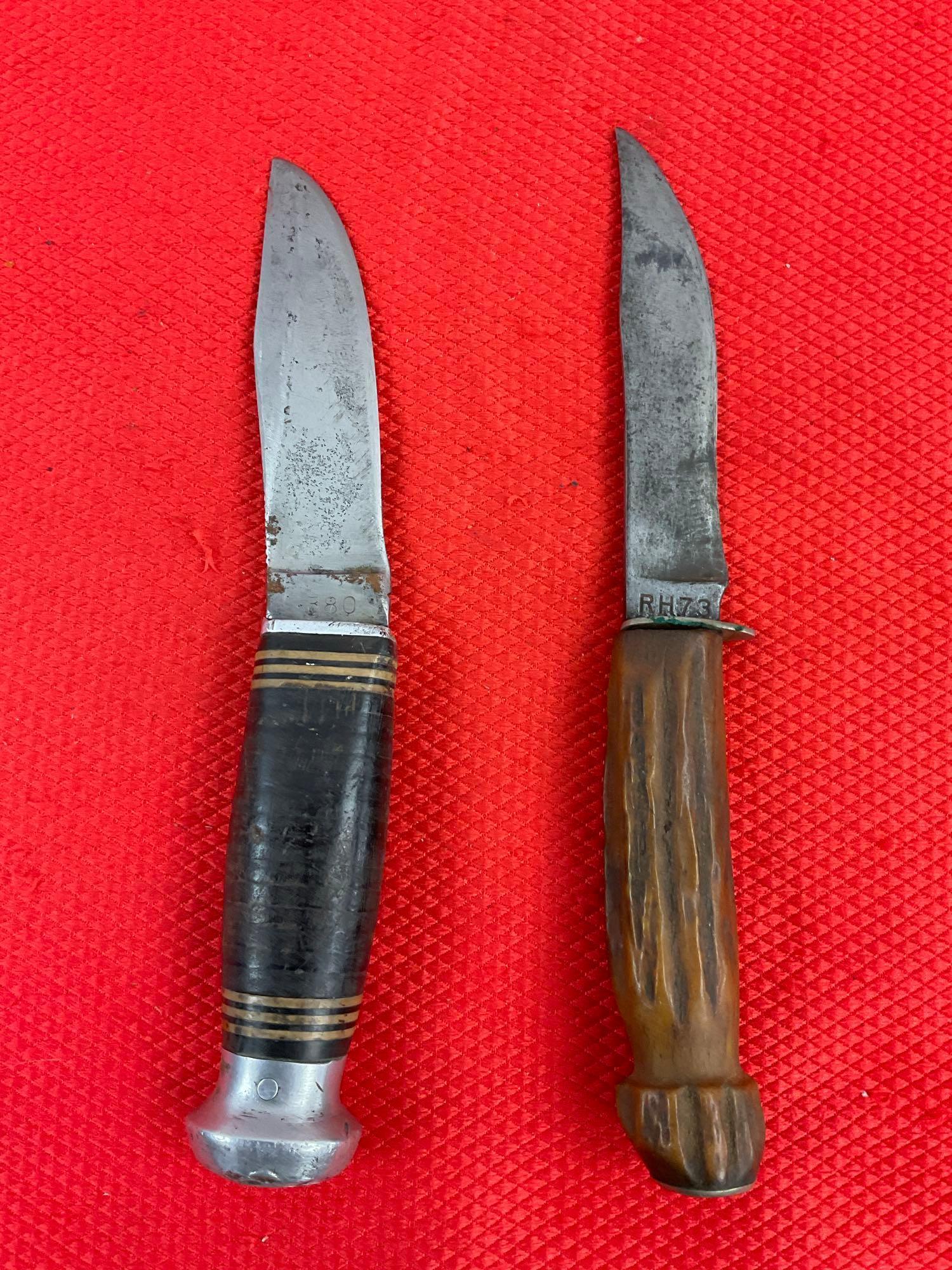 2 pcs Vintage Steel Fixed Blade Hunting Knives w/ Sheathes. Remington RH73 & Kinfolks K380. See