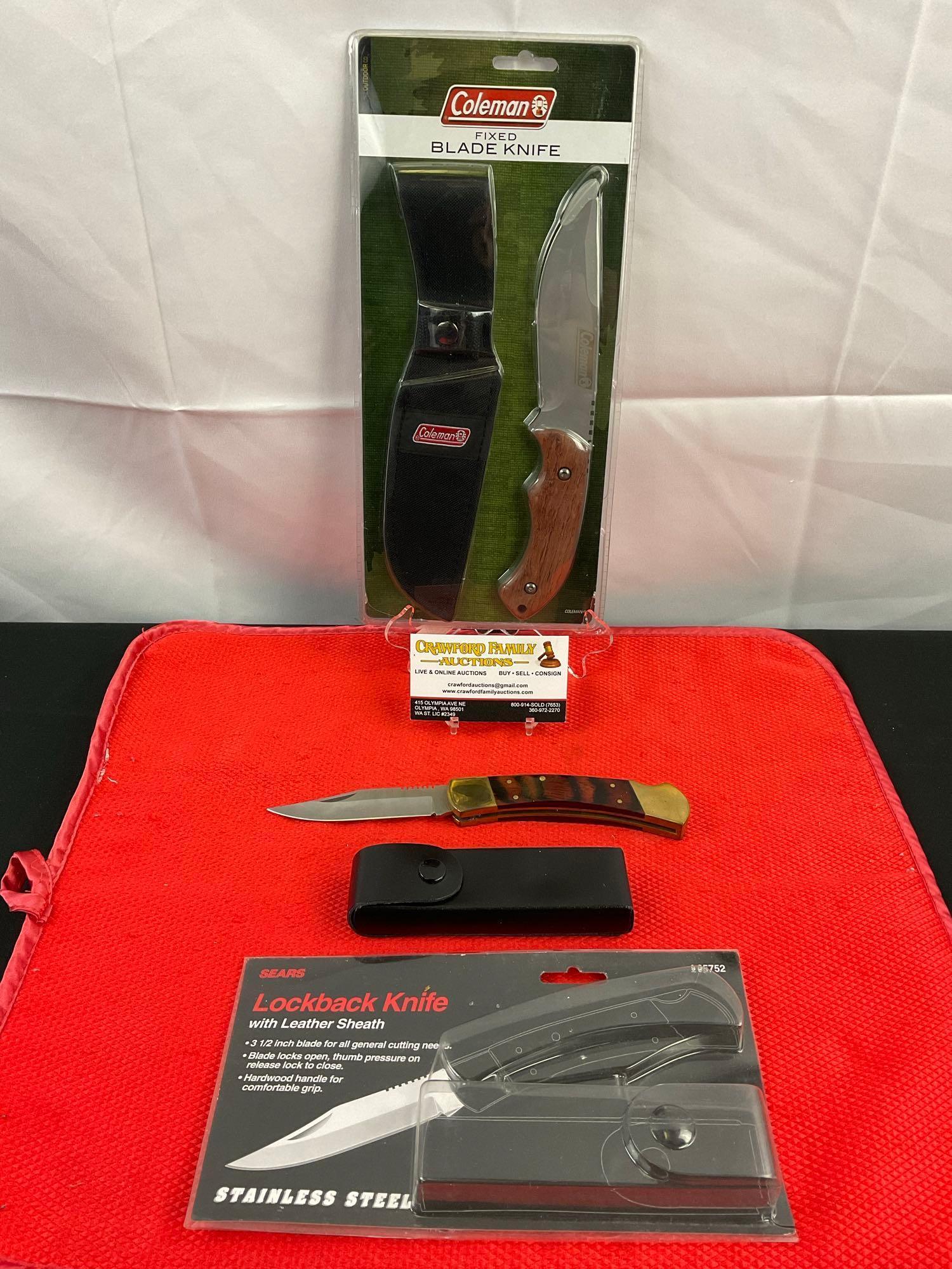 2 pcs Knife Assortment. Vintage Sears 3.5" Lockback Knife 95752 & Coleman 4.5" 2000004897. LNIB. ...