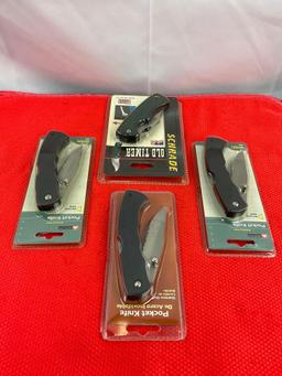 4 pcs Steel Folding Blade Pocket Knives. 1x Schrade 43OTCP & 3x Ozark Trail 3074. NIB. See pics.