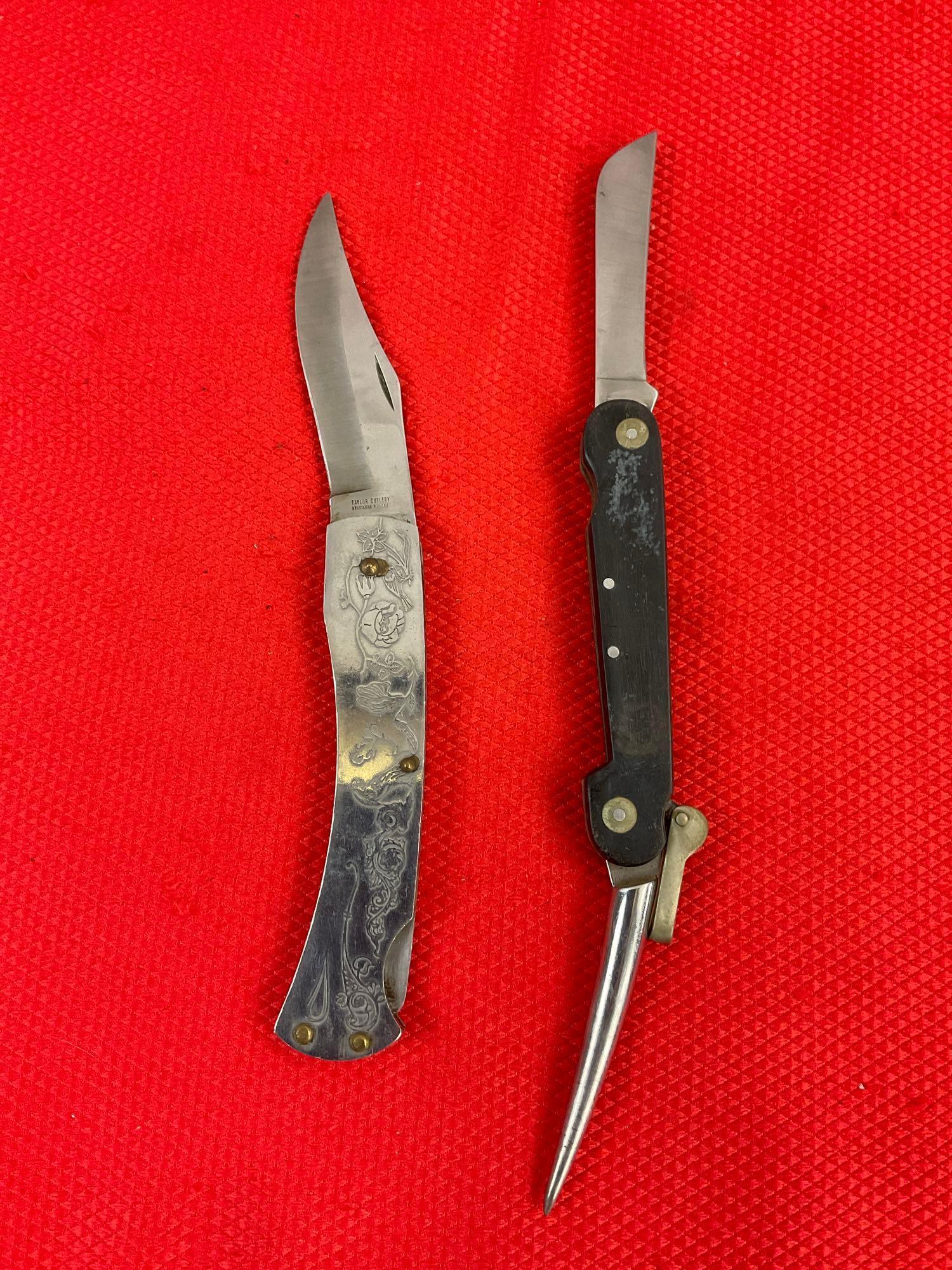 2 pcs Vintage Folding Blade Pocket Knives. 1x Buck Model 315 & 1x Taylor Cutlery w/ Sheathes. See