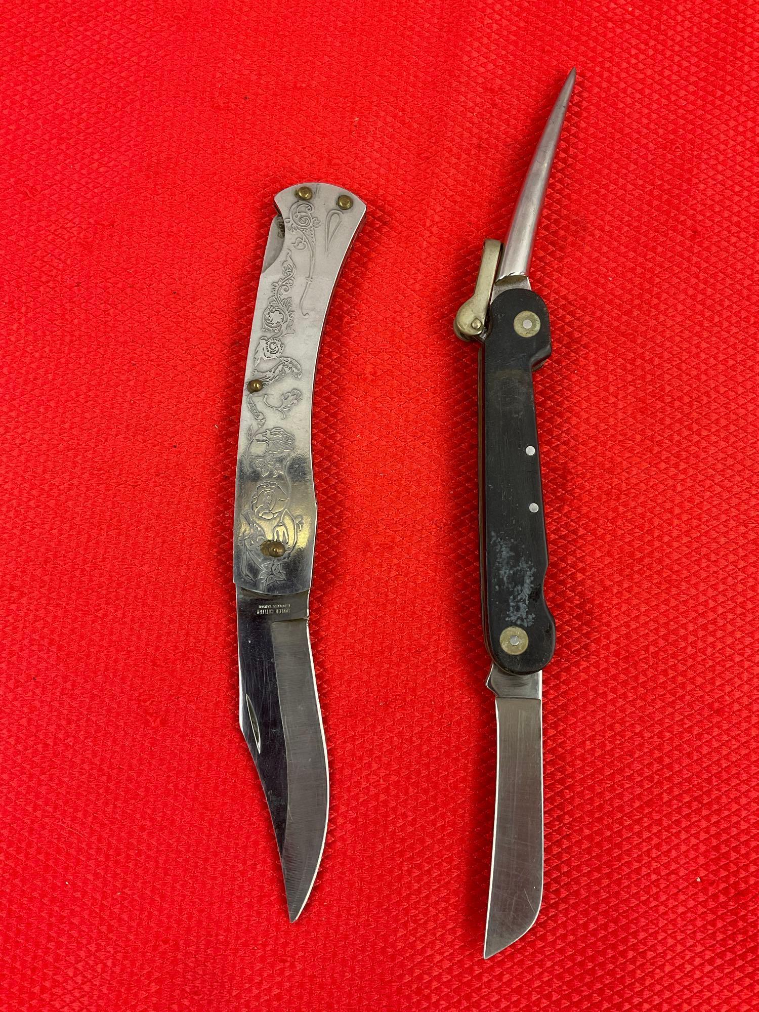 2 pcs Vintage Folding Blade Pocket Knives. 1x Buck Model 315 & 1x Taylor Cutlery w/ Sheathes. See