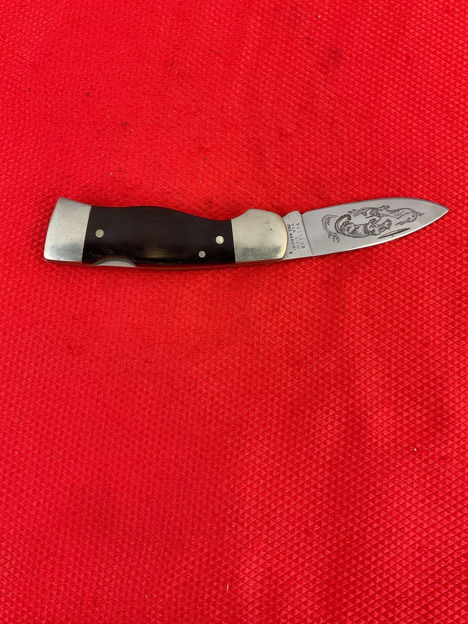 Vintage Western 3" Steel Folding Blade Pocket Knife S-532B w/ Etched Cougar & Original Sheath. See