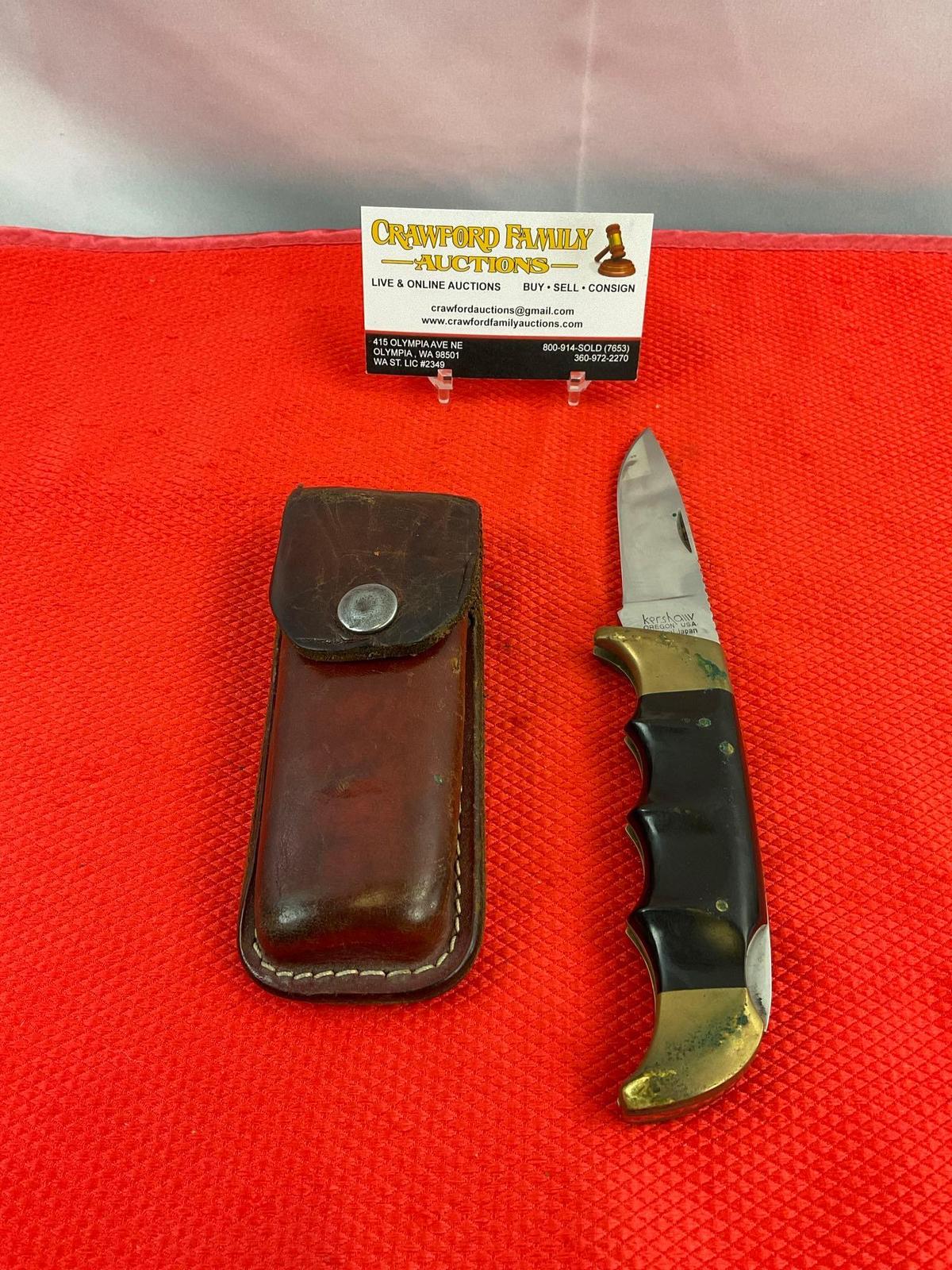 Vintage Kershaw 3" Steel Folding Blade Field Pocket Knife Model 1050 w/ Original Sheath. See pics.