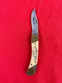 Vintage Schrade+ 3.5" Steel Folding Blade Pocket Knife Model 507SC w/ Etched Cougar & Sheath. See