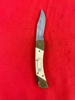 Vintage Schrade+ 3.5" Steel Folding Blade Pocket Knife Model 507SC w/ Etched Cougar & Sheath. See