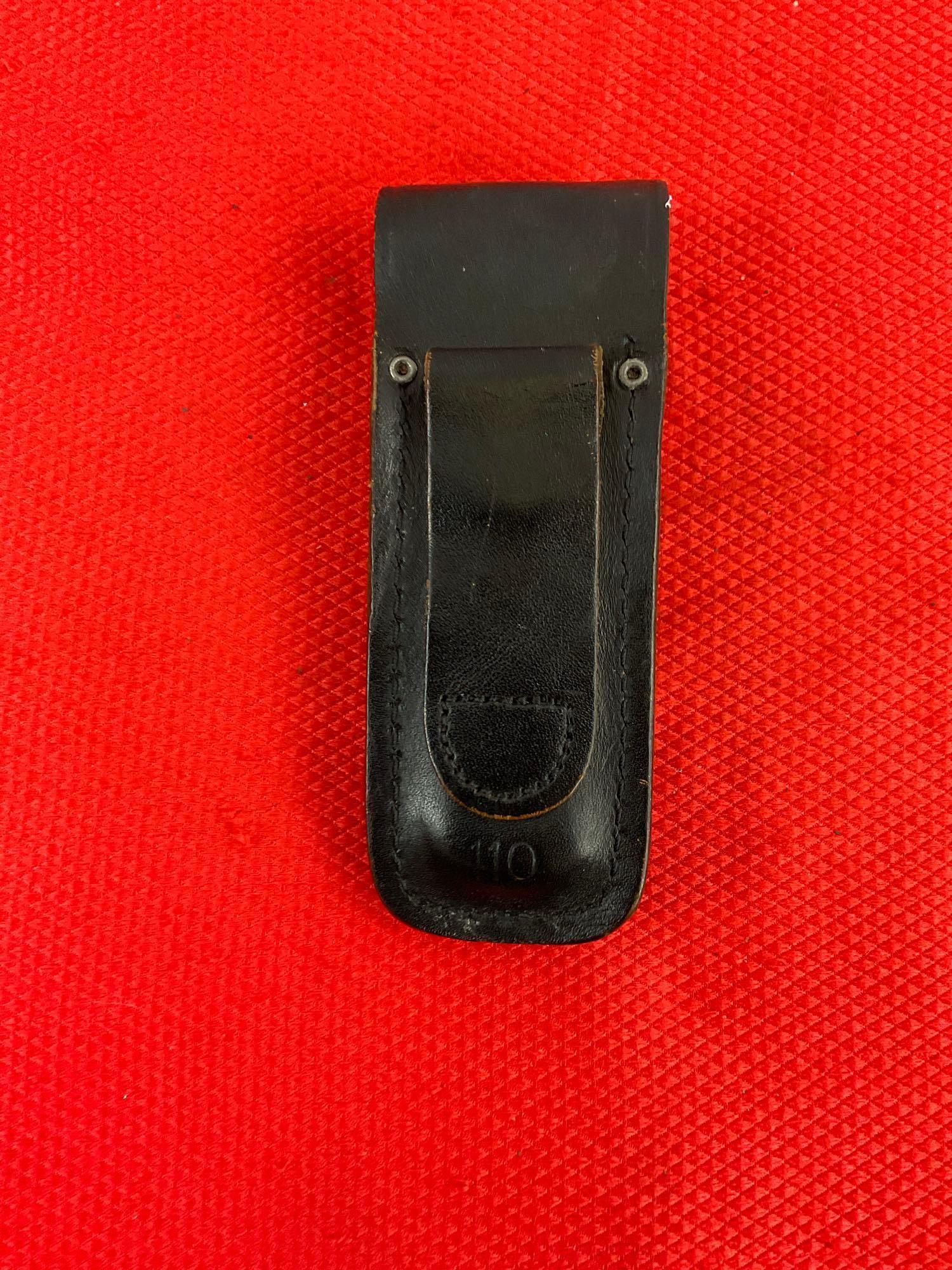 Vintage Buck 3.75" Steel Folding Blade Pocket Knife Model 110 w/ Ebony Handle & Original Sheath. ...