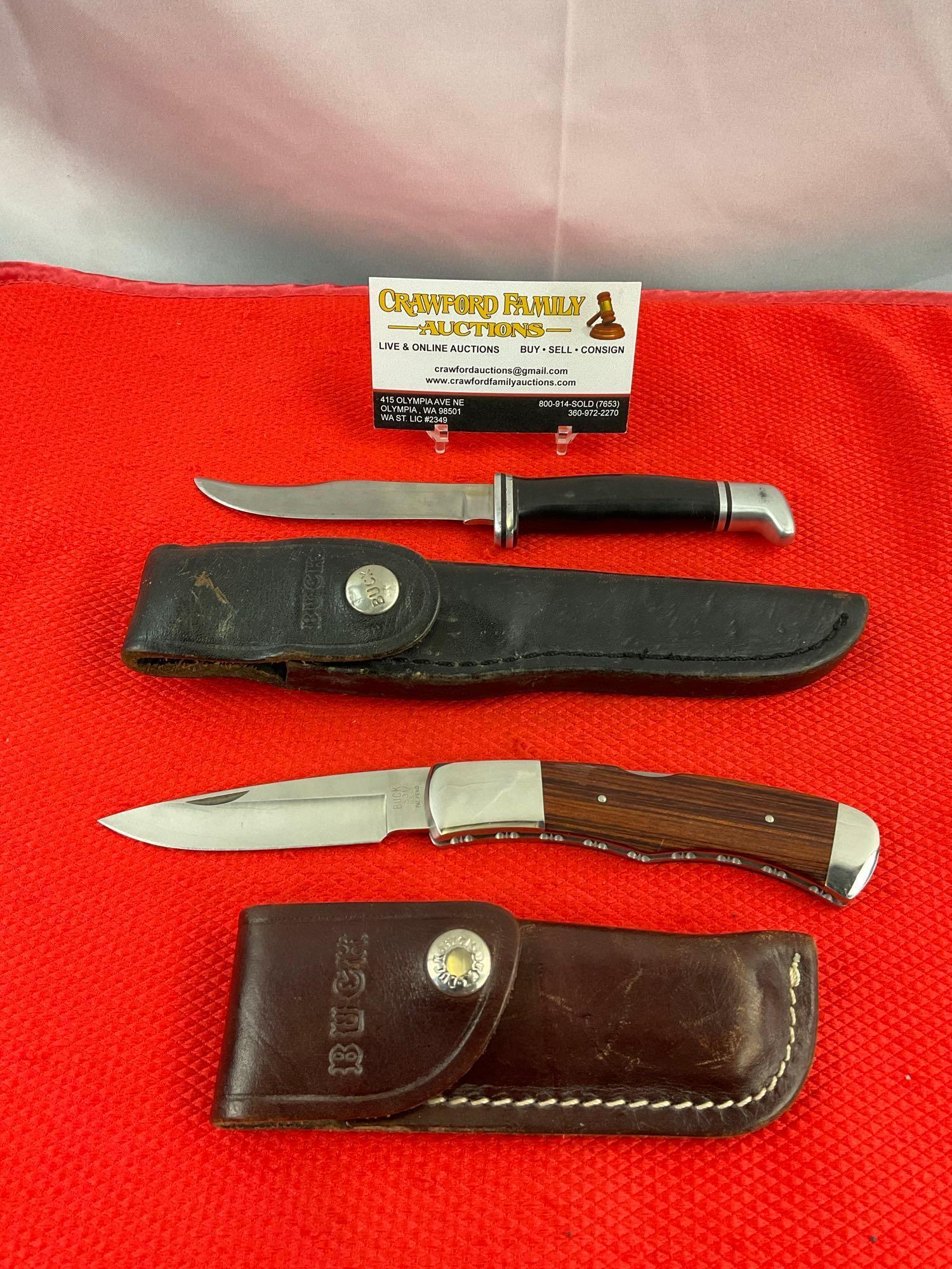 2 pcs Vintage Buck Steel Knives, Models 102 Woodsman & 531/ Bucklock w/ Original Sheathes. See pi...