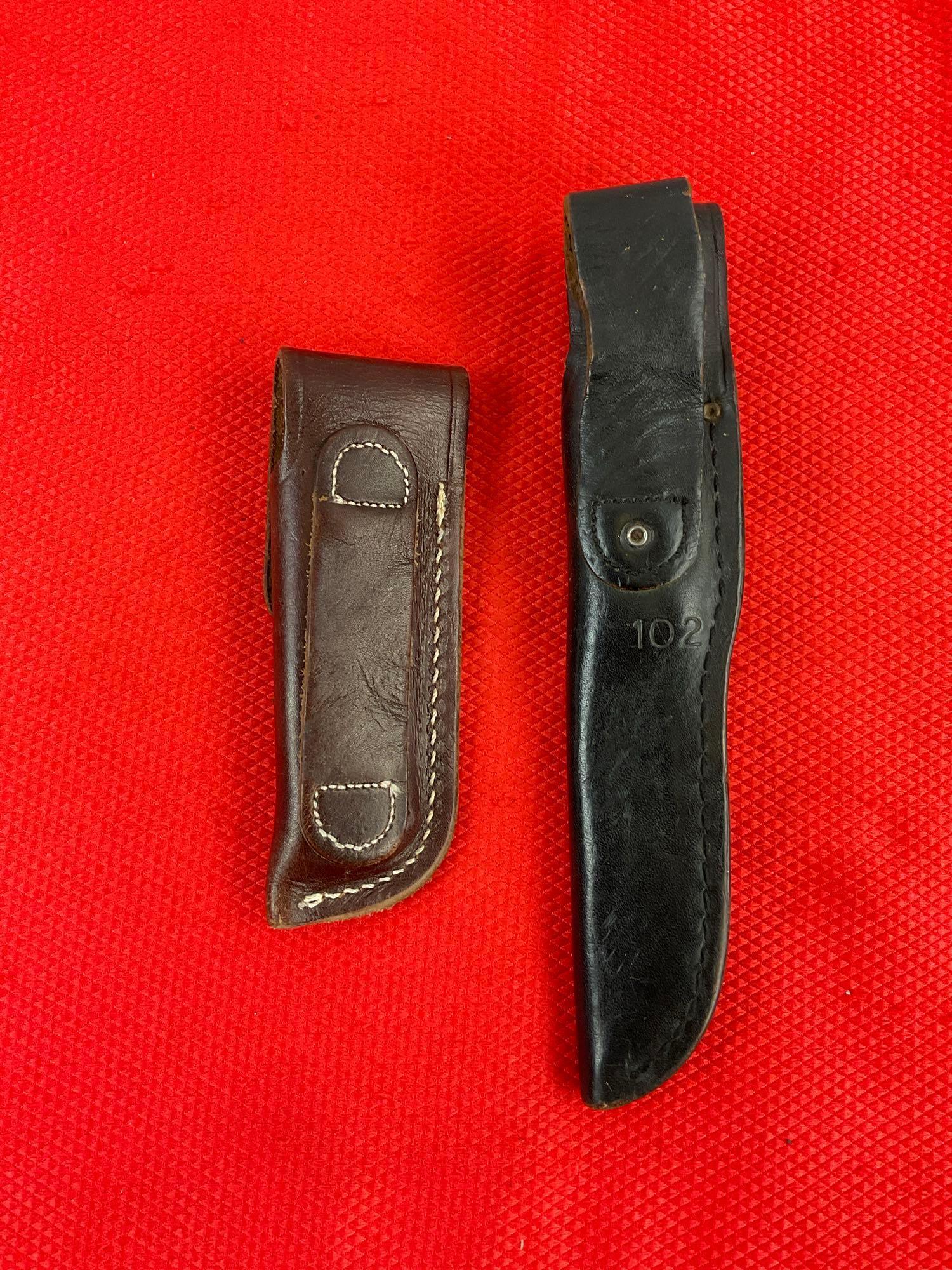 2 pcs Vintage Buck Steel Knives, Models 102 Woodsman & 531/ Bucklock w/ Original Sheathes. See pi...