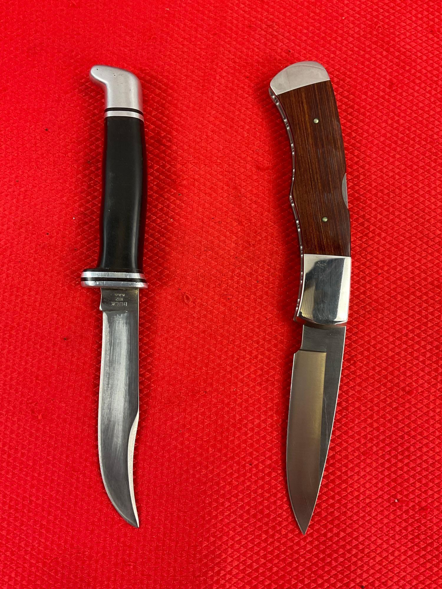 2 pcs Vintage Buck Steel Knives, Models 102 Woodsman & 531/ Bucklock w/ Original Sheathes. See pi...