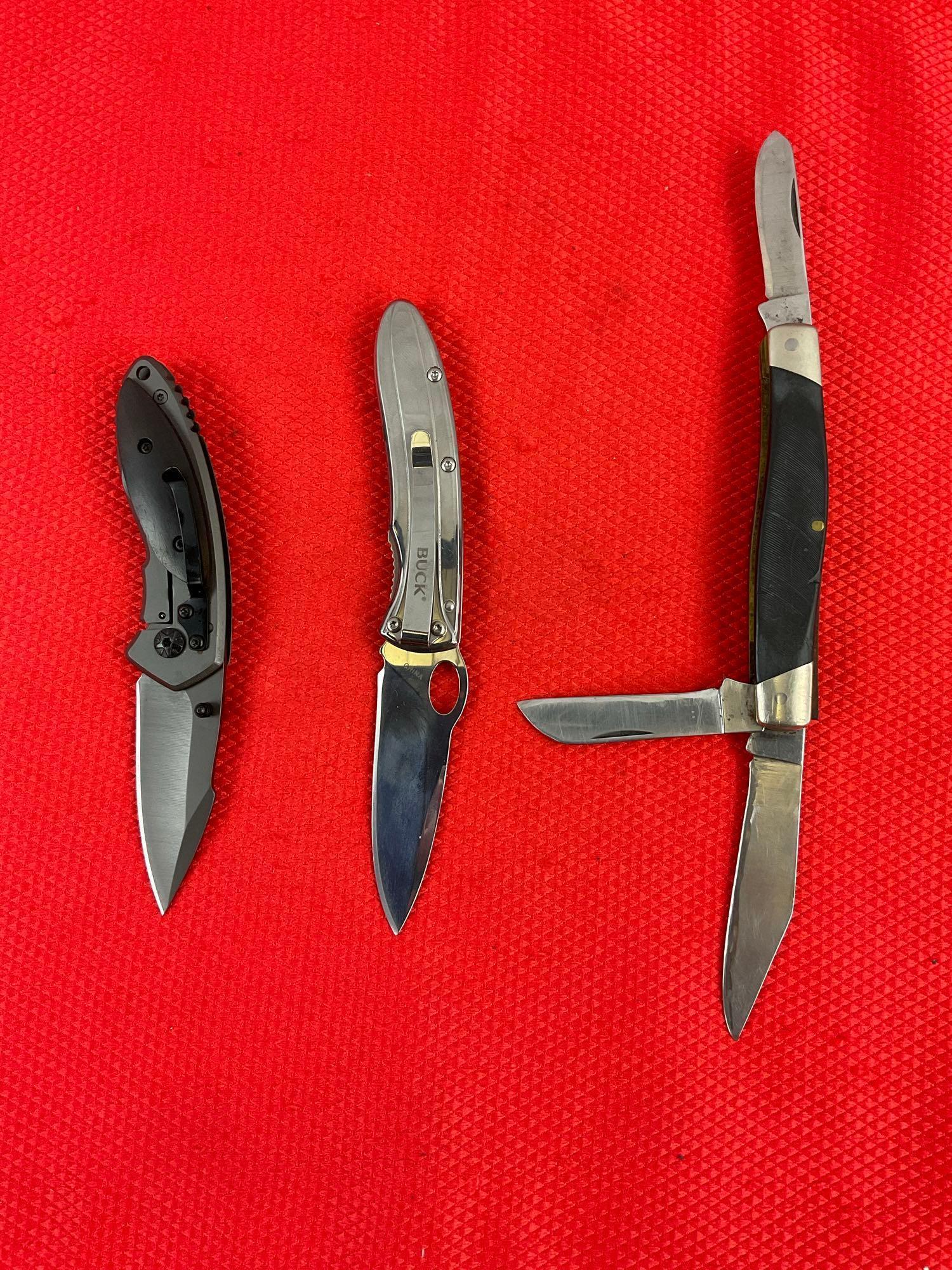 3 pcs Buck 3" Steel Folding Knife Assortment. 1x Vintage Model 307, 2x Modern Models. See pics.