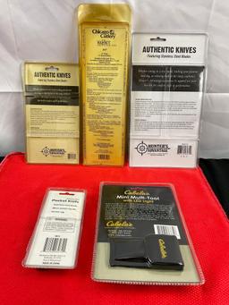 5 pcs Modern Knife Set Assortment. 2x Hunter's Advantage, 1x Chicago Cutlery. NIB. See pics.