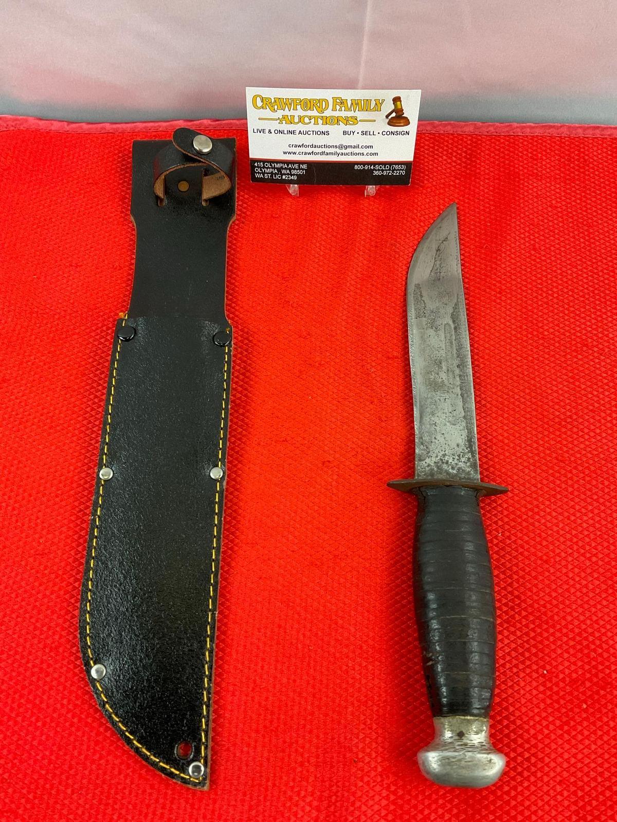 Vintage 6.5" Steel Fixed Blade Bowie Knife w/ Leather Sheath. No Hallmarks, Unknown Maker. See pi...