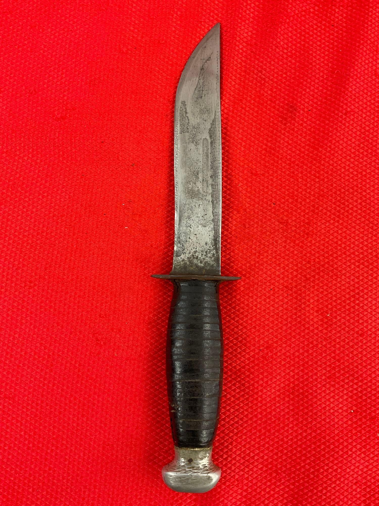 Vintage 6.5" Steel Fixed Blade Bowie Knife w/ Leather Sheath. No Hallmarks, Unknown Maker. See pi...