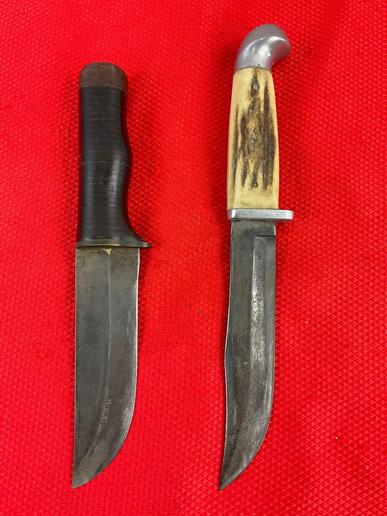 2 pcs Vintage Fixed Blade Knives w/ Sheathes. 1 Kinfolks Super Hunter 568TC & 1 Unmarked. See pics.