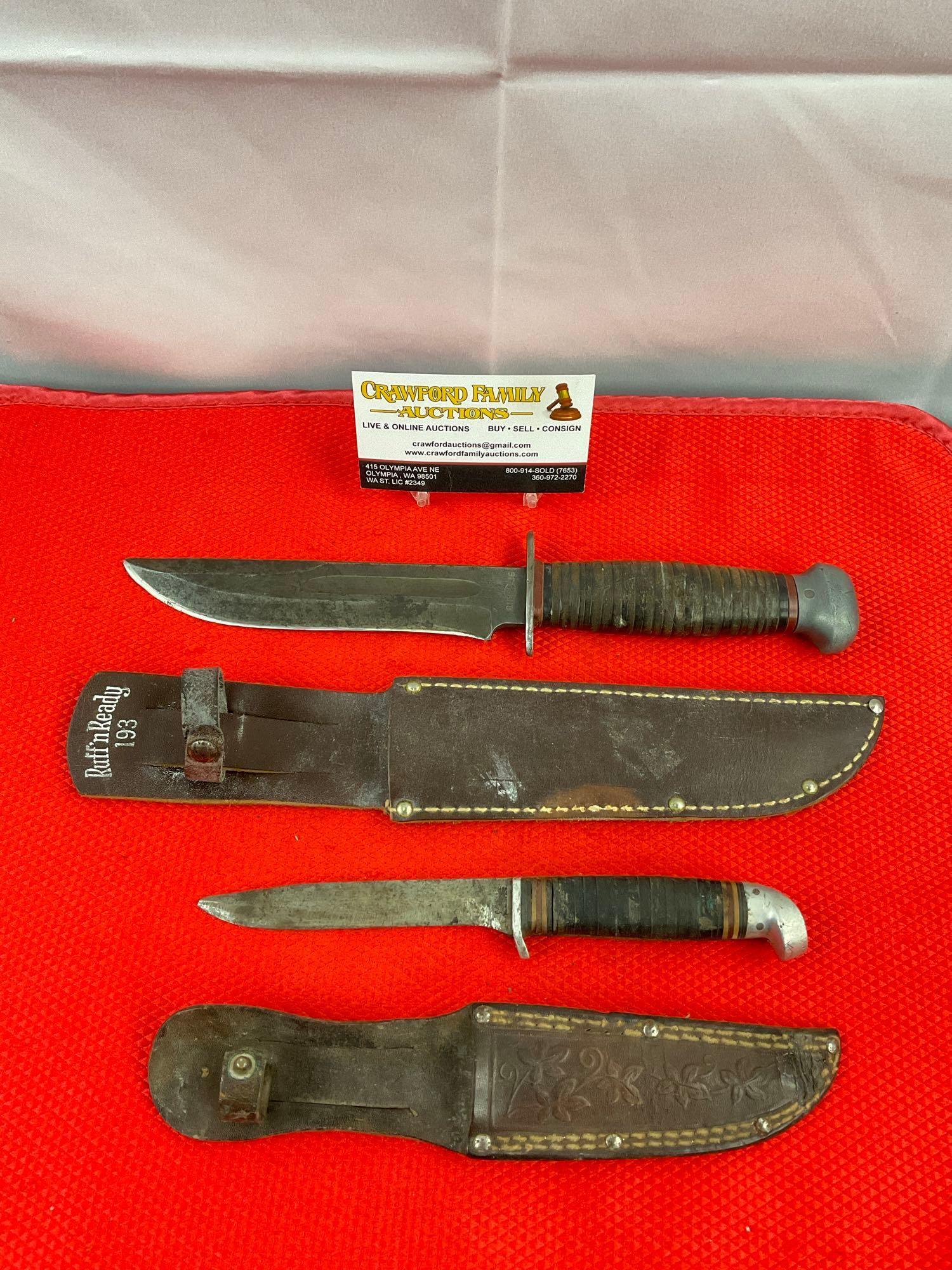 2 pcs Vintage Steel Fixed Blade Knives w/ Sheathes. Remington RH-36 & J.C. Higgins. See pics.