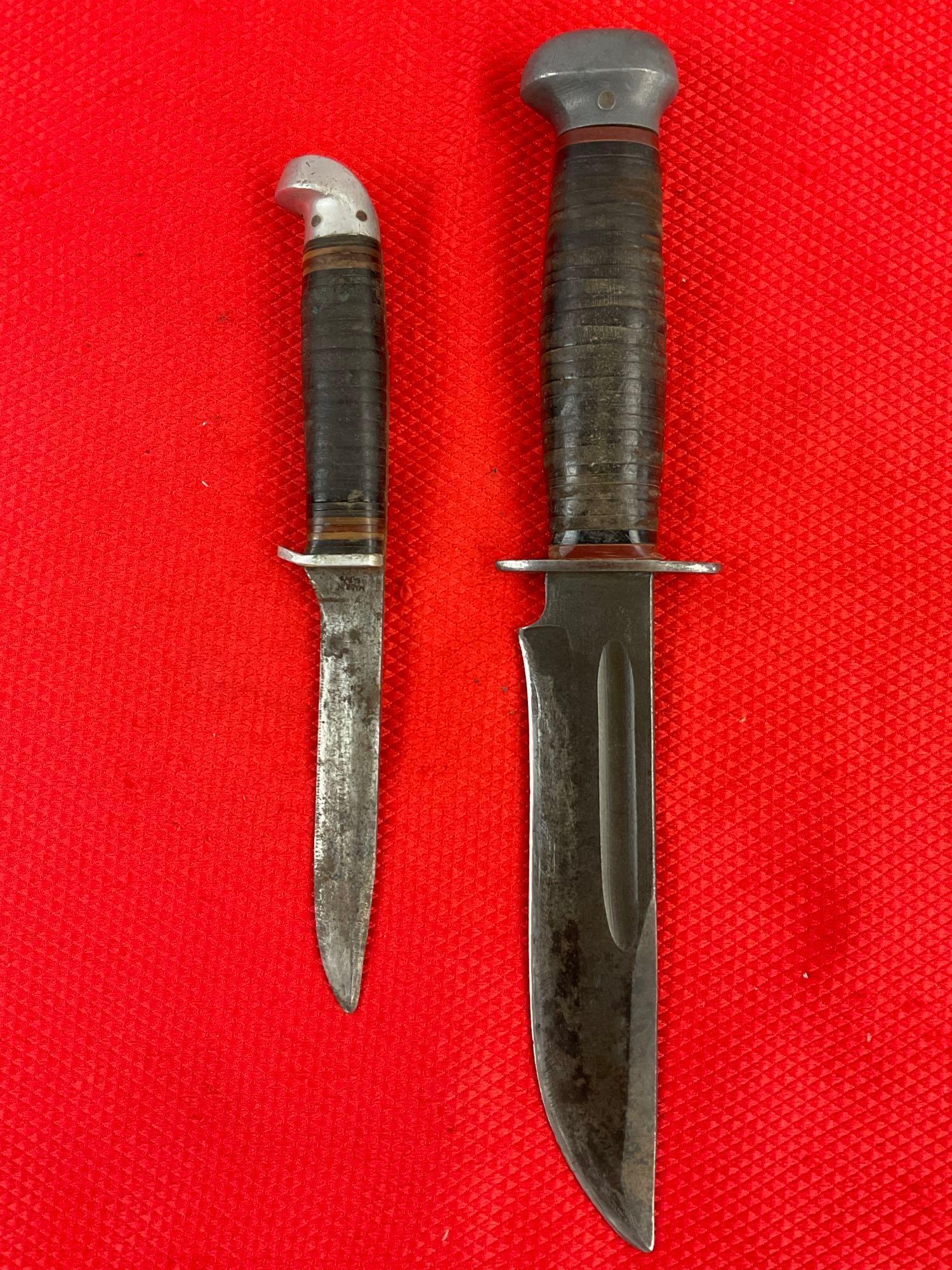 2 pcs Vintage Steel Fixed Blade Knives w/ Sheathes. Remington RH-36 & J.C. Higgins. See pics.