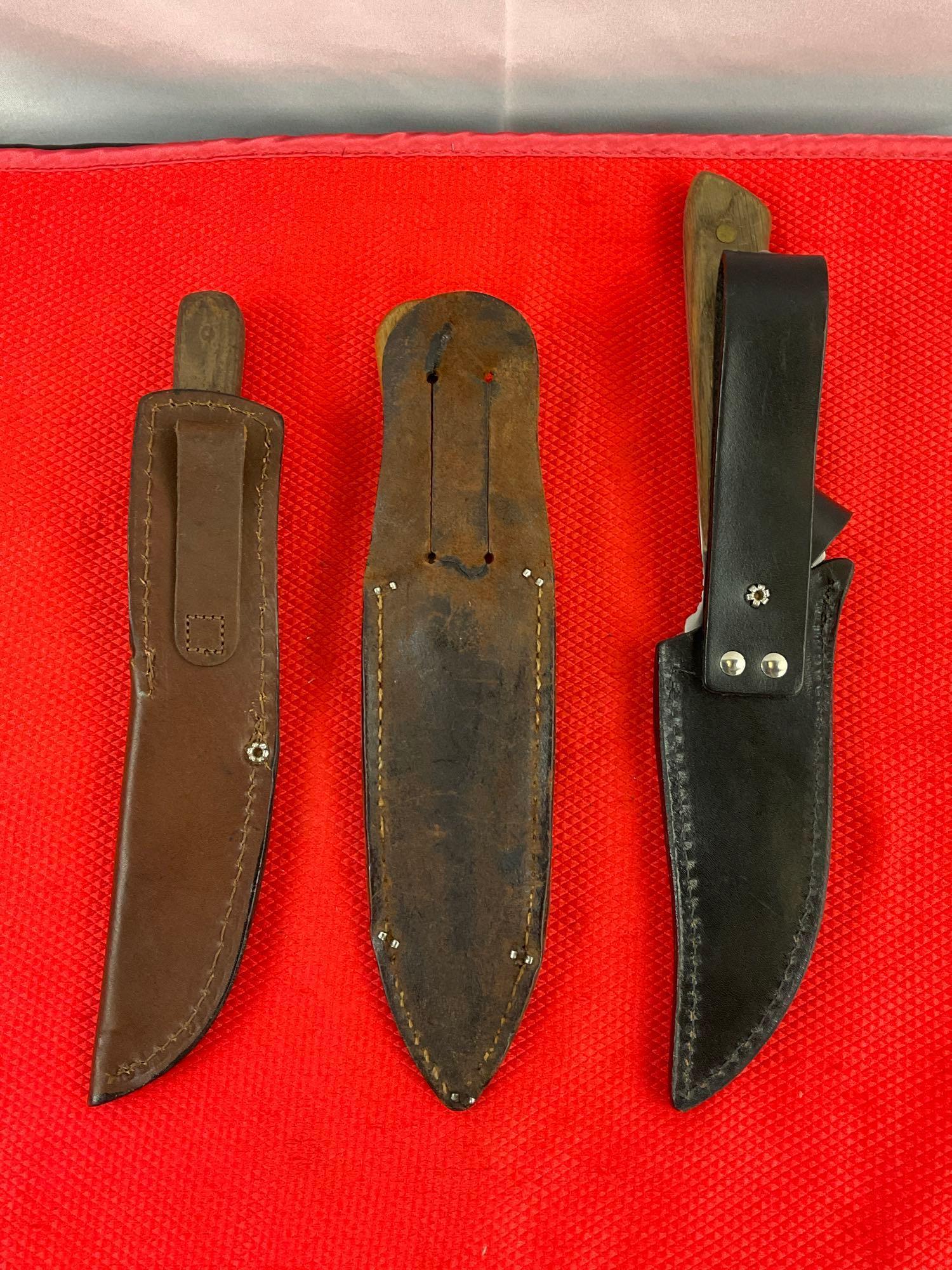 3 pcs Vintage Steel Fixed Blade Knives. 1 Maxam, 1 Cattaraugus Vanadium, 1 Unmarked. See pics.