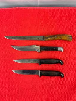 4 pcs Vintage Steel Fixed Blade Knives. Unknown Makers & Models. No Hallmarks. See pics.