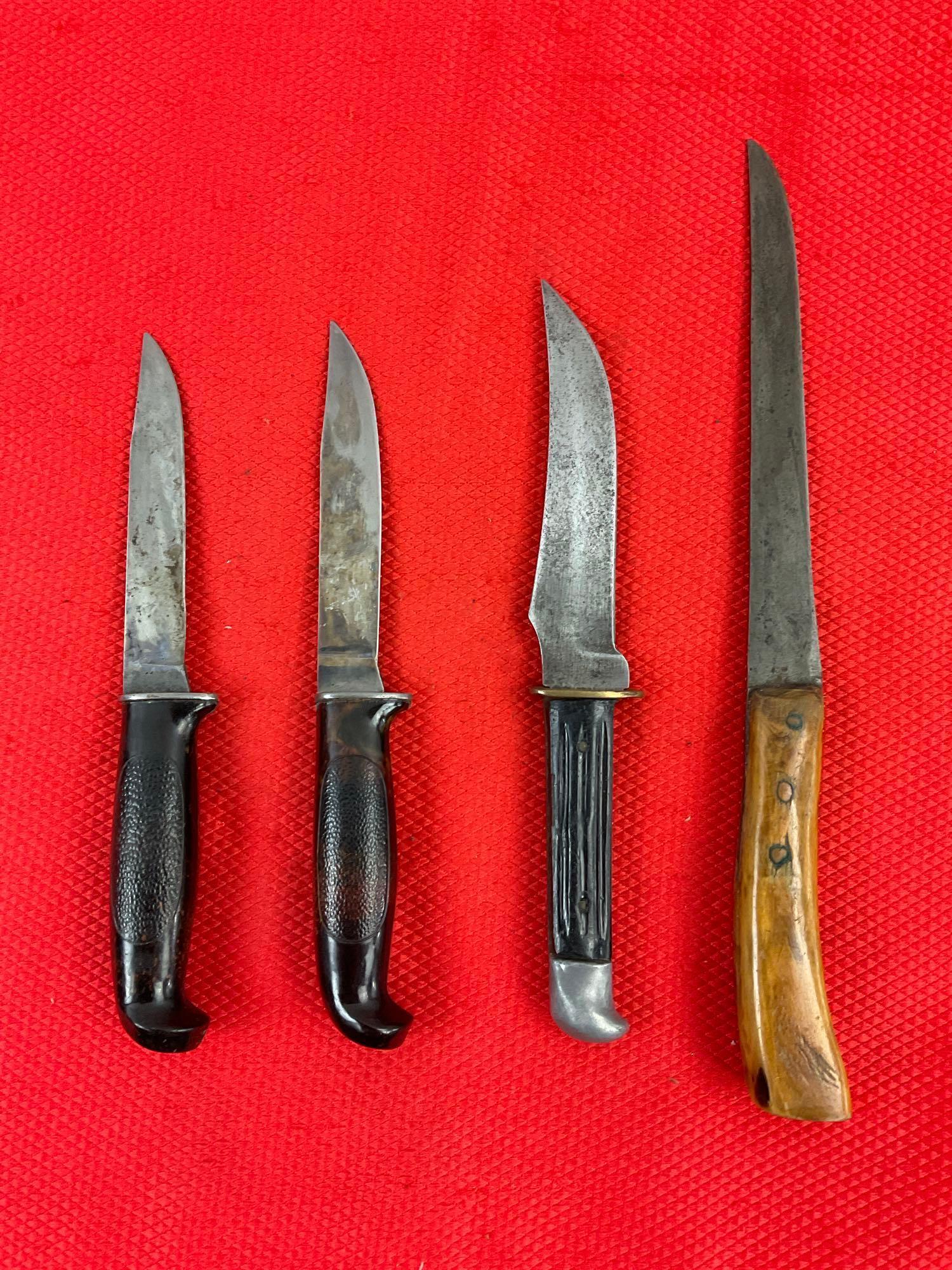 4 pcs Vintage Steel Fixed Blade Knives. Unknown Makers & Models. No Hallmarks. See pics.