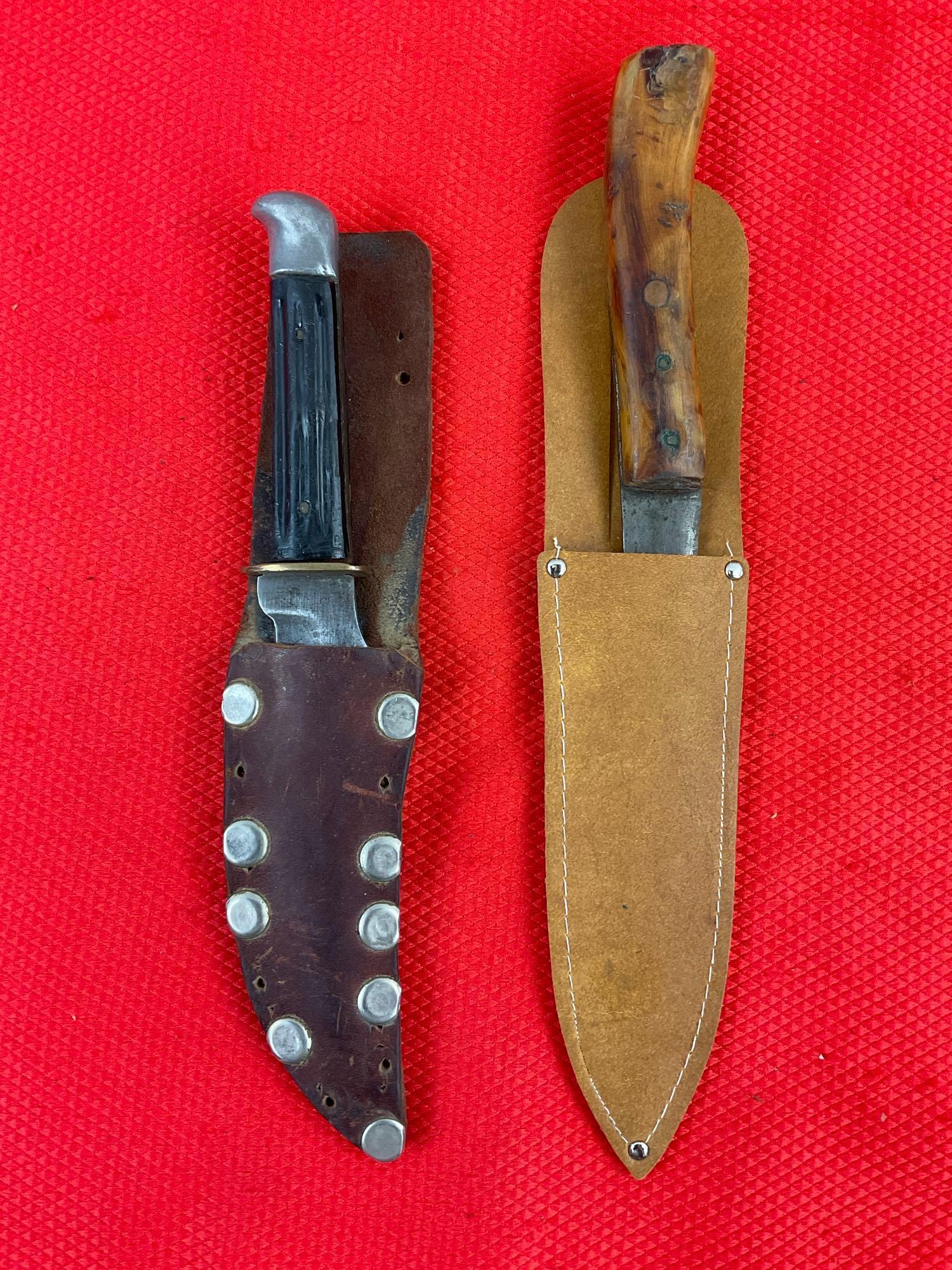 4 pcs Vintage Steel Fixed Blade Knives. Unknown Makers & Models. No Hallmarks. See pics.