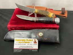 Pair of Vintage Remington Fixed Blade Knives, 1x RH-50 & 1x RH-73 w/ Antler Handle & sheaths