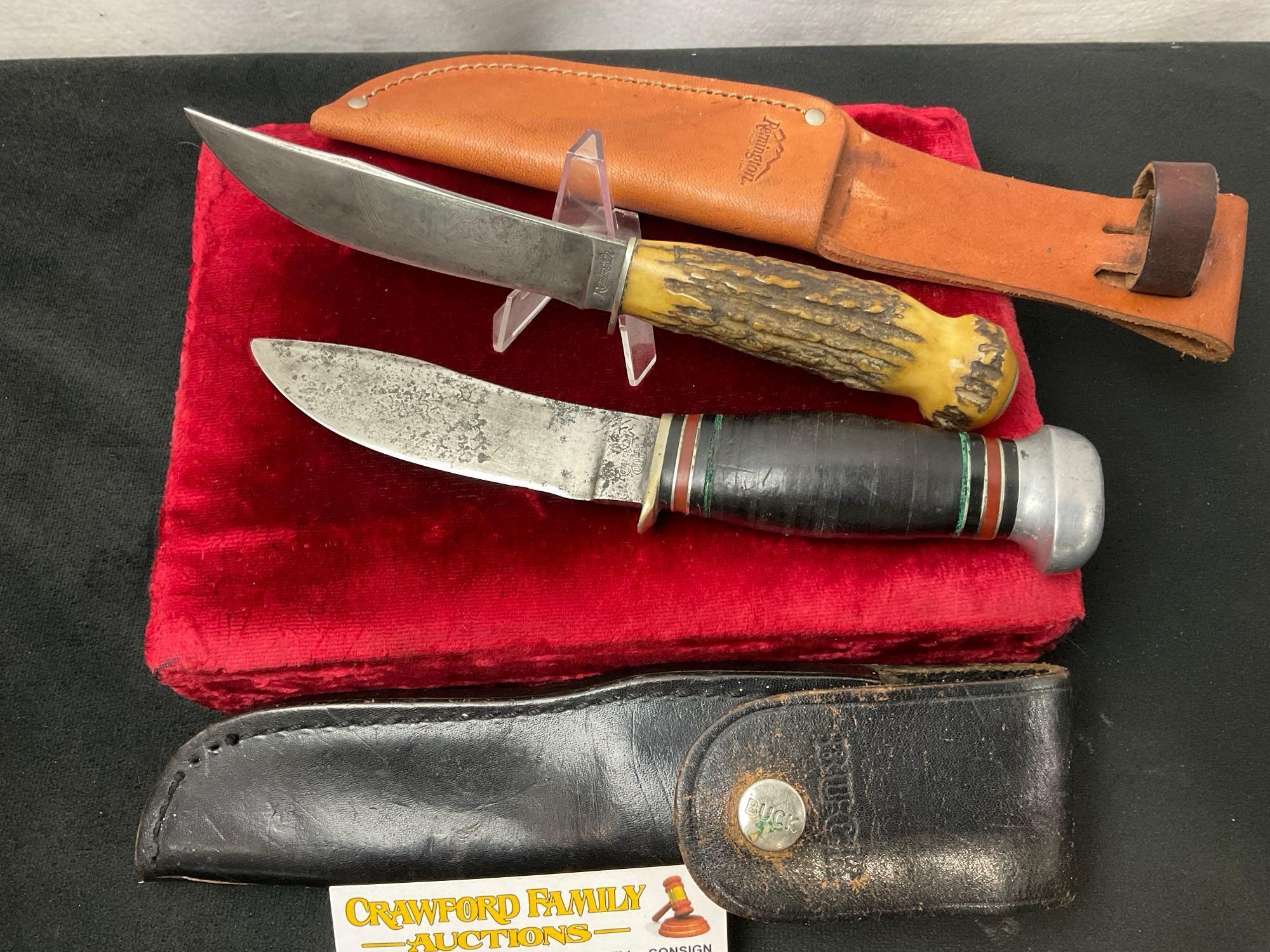 Pair of Vintage Remington Fixed Blade Knives, 1x RH-50 & 1x RH-73 w/ Antler Handle & sheaths