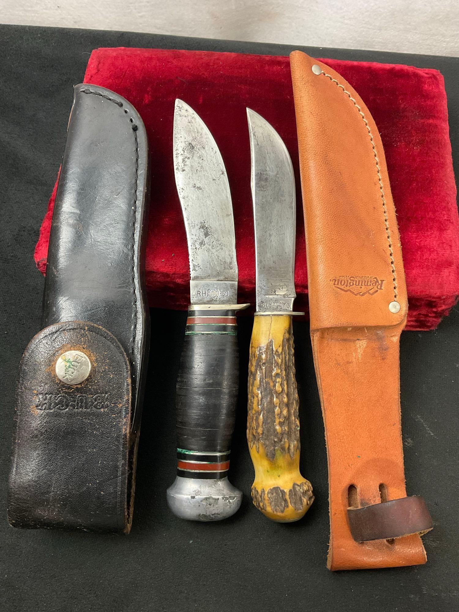 Pair of Vintage Remington Fixed Blade Knives, 1x RH-50 & 1x RH-73 w/ Antler Handle & sheaths