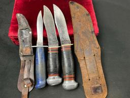 Trio of Vintage Remington Fixed Blade Knives, 2x RH-32 & 1x RH-204, 2x leather sheath