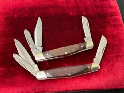 Pair of Vintage Buck Knives 373 Trio 3-Blade Folding Pocket Knife with Wood Handle