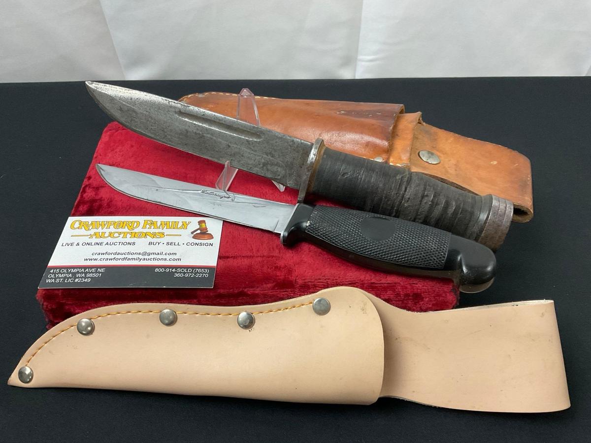 Pair of Vintage 40s & 60s Cattaraugus Fixed Blade Knives w/ Leather Sheaths,